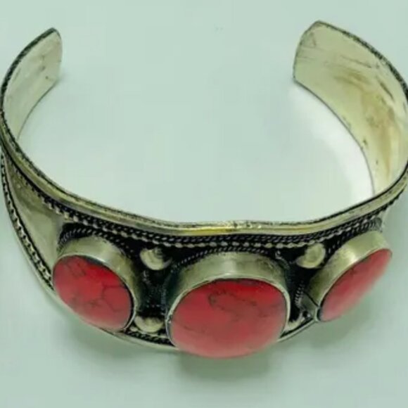 Coral Stones Boho Cuff, Kuchi Handmade Adjustable Cuff Bracelet - Picture 3 of 8